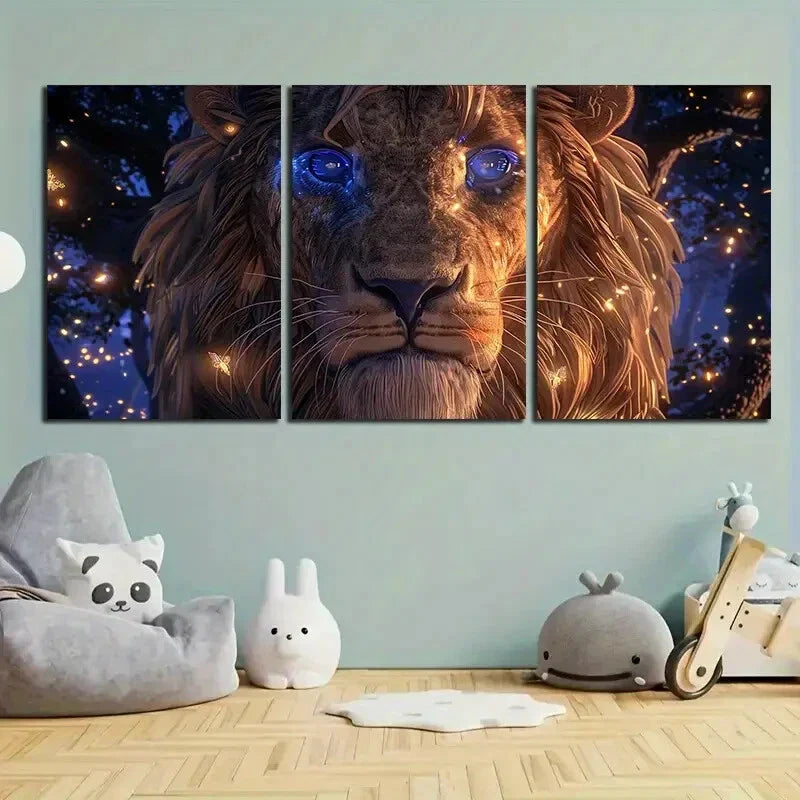 3pcs Lion Forest Guardian Stunning Purple Eyes Metal Print Ready to Hang Art