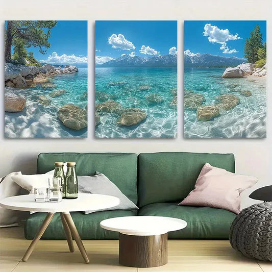 3pcs Serenity in Lake Tahoe Crystal Clear Waters Metal Print Ready to Hang Art