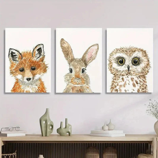 3pcs , Cute Fox Rabbit Owl, Woodland Metal Print Ready to Hang Art