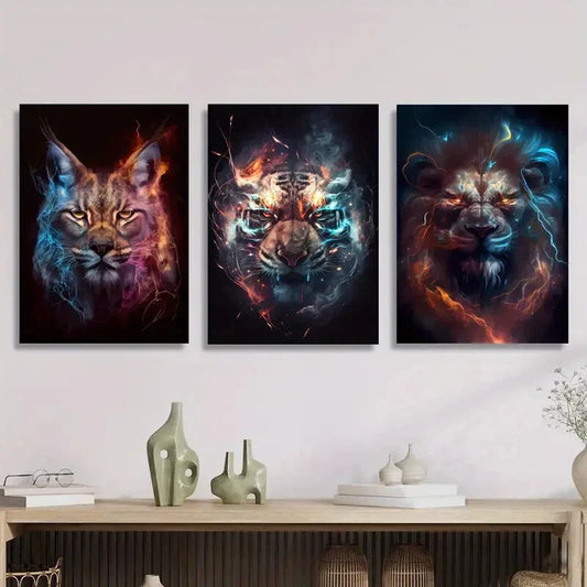 3pcs Fantasy Tiger, Lynx, Lion with Lightning, Metal Print Ready to Hang Art