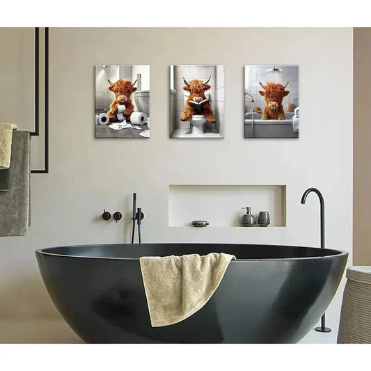 3pcs Playful Brown Cows in Various Scenes Metal Print Ready to Hang Art