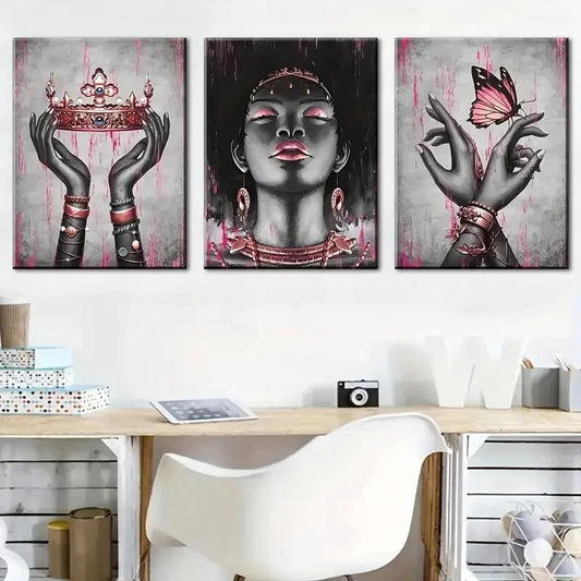 3pcs pink and black female portrait, Metal Print Ready to Hang Art
