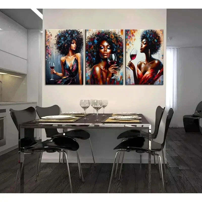 3pcs Colorful Graffiti Afro Wine Girl Metal Print Ready to Hang Art
