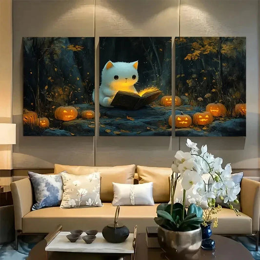 3pcs Cute Cat Reading Pennant Fantasy Vibes Metal Print Ready to Hang Art