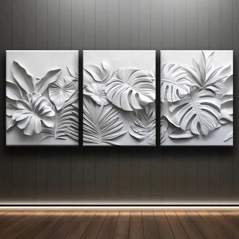 3pcs Abstract Gray Flowers and Leaves Metal Print Ready to Hang Art