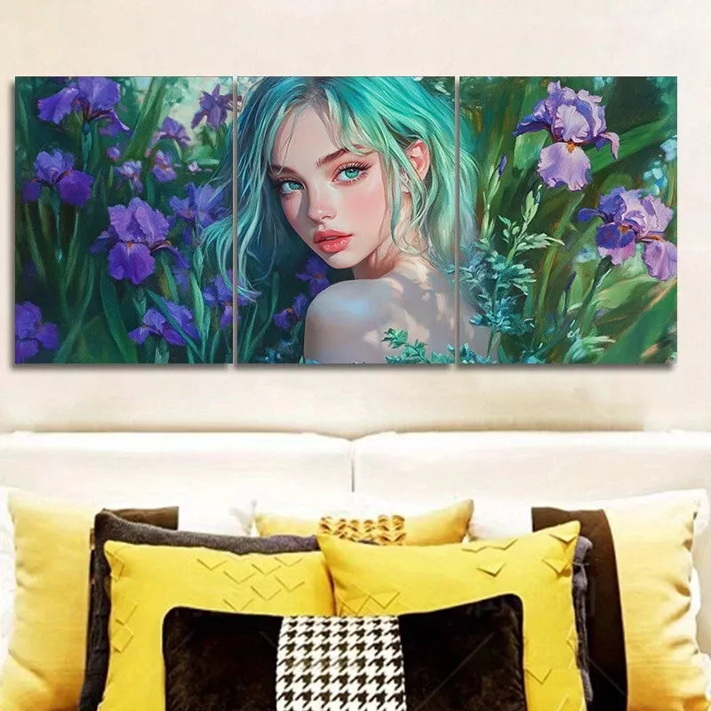 3pcs Purple Flowers Lady With Green Eyes Wall Art Set Canvas Framed 40x60cm - High Quality Print 100% Australian Made Wall Canvas Ready to Hang