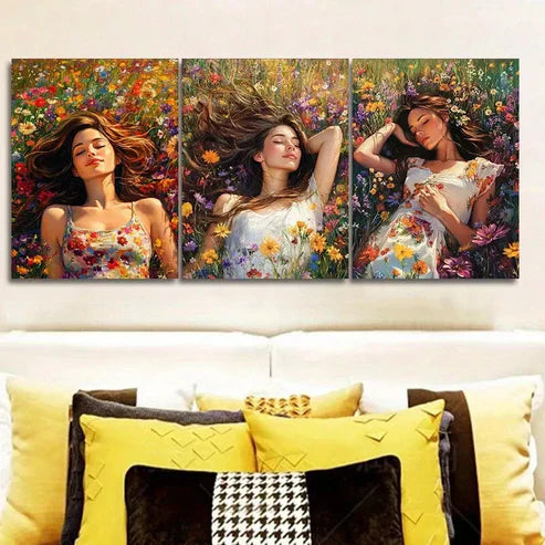 3pcs A Woman Surrounded By Vibrant Flowers Wall Art Set Canvas Framed 60x90cm - High Quality Print 100% Australian Made Wall Canvas Ready to Hang