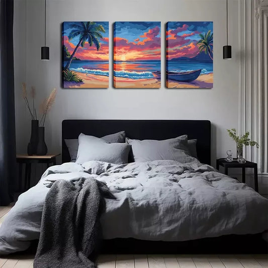 3pcs Vibrant Beach Scene with Palm Trees, Wall Art Set Canvas Framed 40x60cm - High Quality Print 100% Australian Made Wall Canvas Ready to Hang