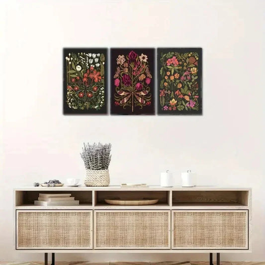 3pcs Butterfly Dragonfly Floral Designs Metal Print Ready to Hang Art
