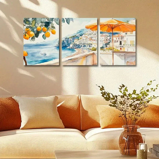3pcs Seaside Town with Sea and lemon View Metal Print Ready to Hang Art