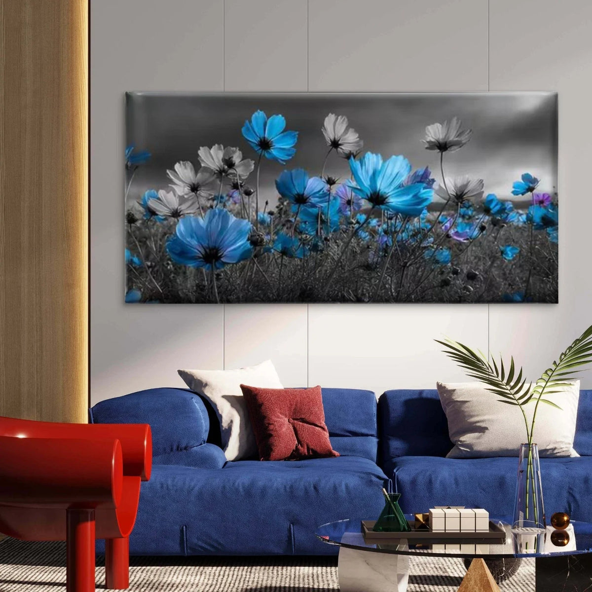 Vibrant Blue Floral Field Wall Art Canvas Office Home Room Framed 80x45cm