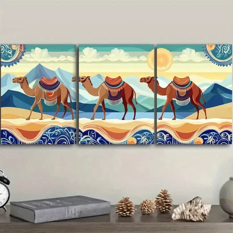 3pcs A Caravan of Camels, Wall Art Set Canvas Framed 40x60cm - High Quality Print 100% Australian Made Wall Canvas Ready to Hang