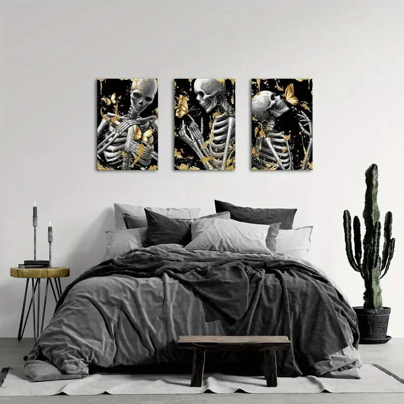 3pcs Black & Golden Human Skeleton Metal Print Ready to Hang Art