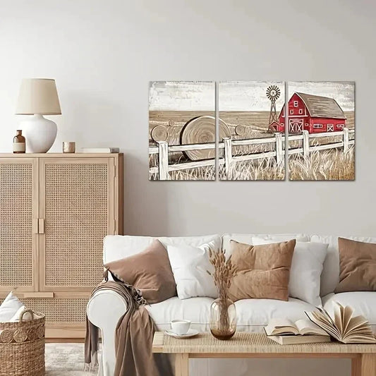 3pcs Landscape Theme with Old Barn Windmill, Metal Print Ready to Hang Art