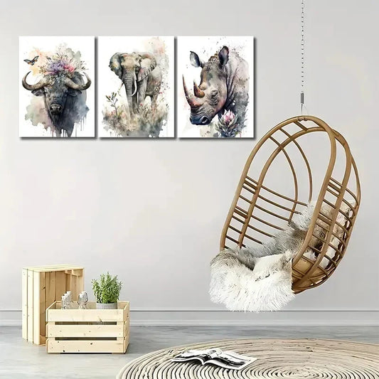 3pcs Buffalo Elephant Rhino Safari Wild Life Metal Print Ready to Hang Art