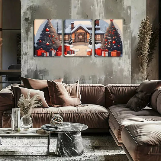 3pcs Snowy Day, Christmas, Christmas Tree Wall Art Set Canvas Framed 40x60cm - High Quality Print 100% Australian Made Wall Canvas Ready to Hang