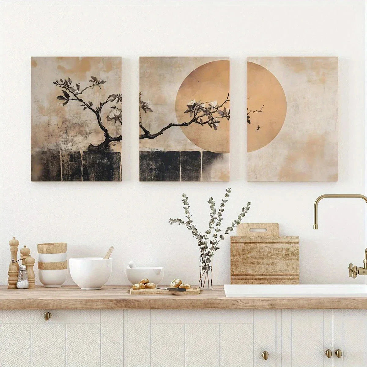 3pcs Beige and Brown Abstract Tree Sun Metal Print Ready to Hang Art