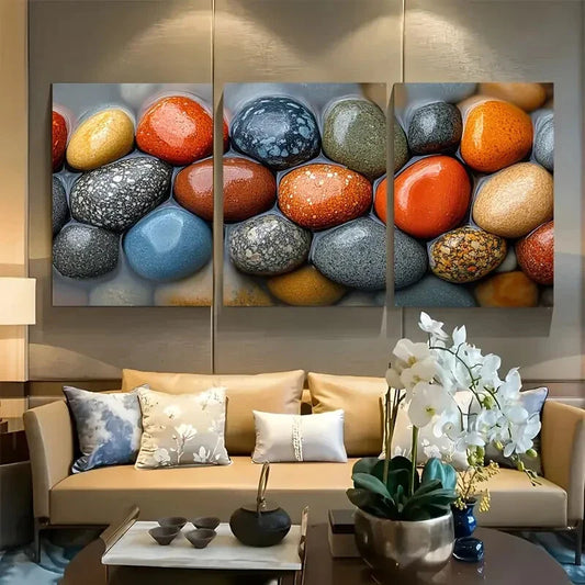 3pcs Tranquil Riverbed Stones Nature Inspired Metal Print Ready to Hang Art