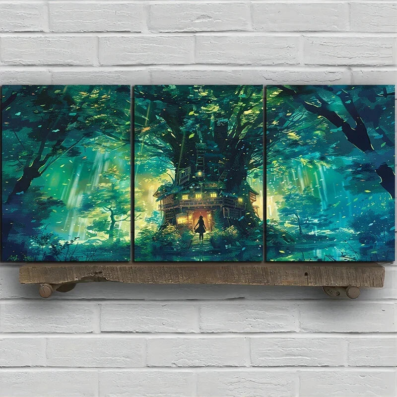 3pcs Enchanted Forest and Treehouse Metal Print Ready to Hang Art