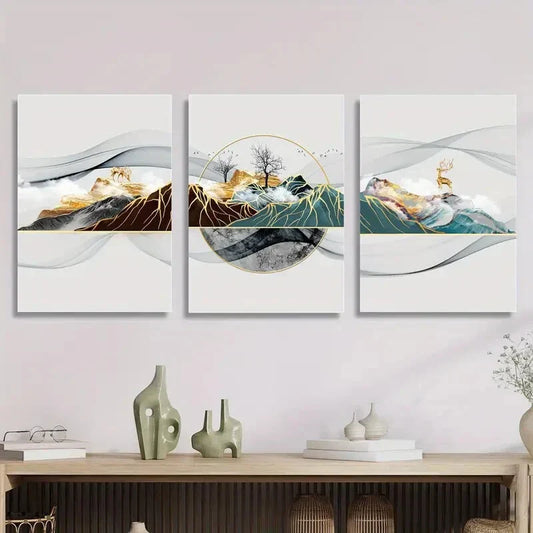3pcs Golden landscape gold foil Metal Print Ready to Hang Art