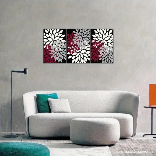 3pcs Farmhouse Blooming Burgundy & White Flowers Metal Print Ready to Hang Art