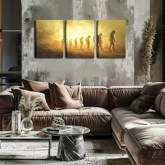 3pcs Human Evolution Theme, Warm Sunset Gradient Wall Art Set Canvas Framed 40x60cm - High Quality Print 100% Australian Made Wall Canvas Ready to Hang