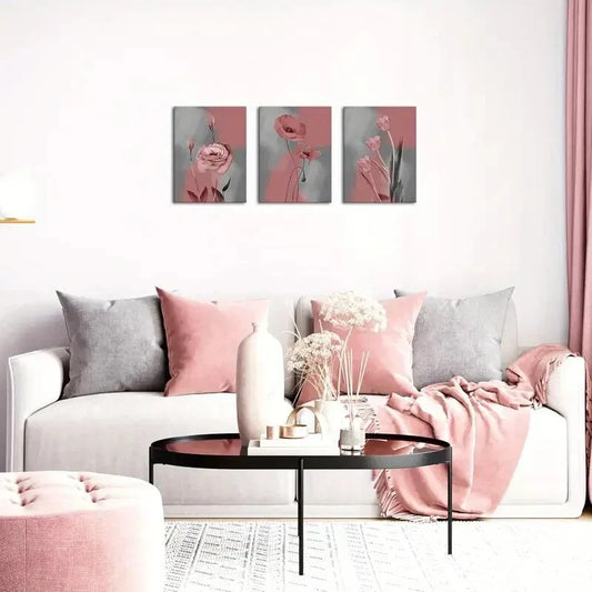 3pcs Featuring Pink And Grey Floral Prints Metal Print Ready to Hang Art