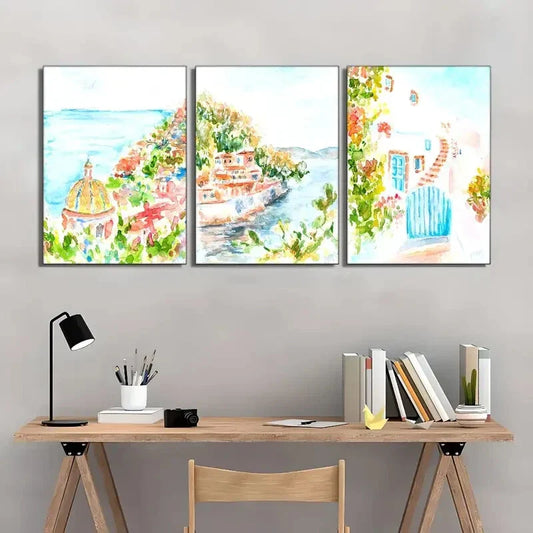 3pcs Watercolor Style Seaside Landscape Art Metal Print Ready to Hang Art