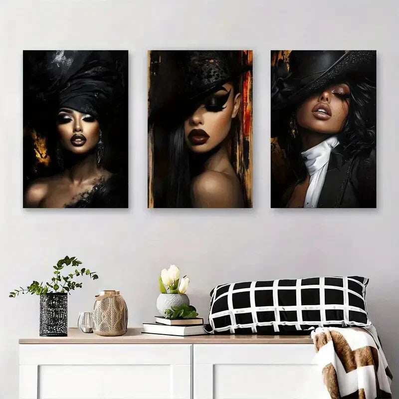 3pcs Black Hat Female Portrait Triptych Metal Print Ready to Hang Art