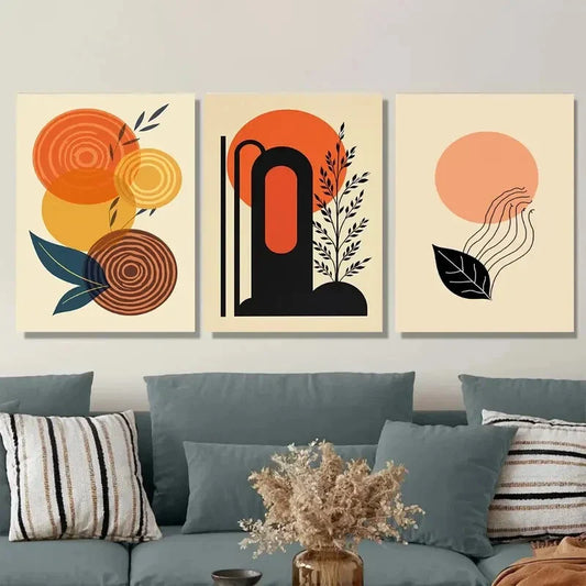3pcs Vibrant Orange & Black Geometric Abstract Metal Print Ready to Hang Art