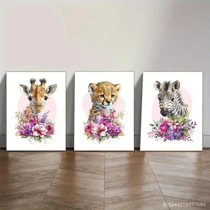 3pcs Modern Giraffe Leopard Zebra Animal Art Metal Print Ready to Hang Art