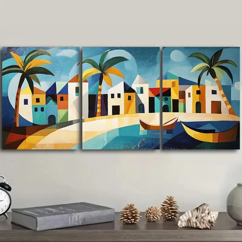 3pcs Caribbean houses and boats Painting Wall Art Set Canvas Framed 40x60cm - High Quality Print 100% Australian Made Wall Canvas Ready to Hang