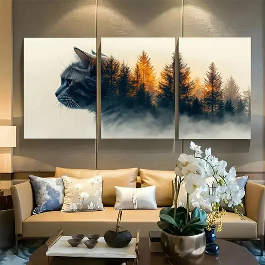3pcs Double Exposure Cat And Forest Trees Metal Print Ready to Hang Art