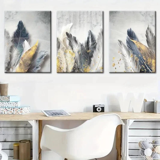 3pcs Modern Luxury Feather Canvas Art Prints Metal Print Ready to Hang Art