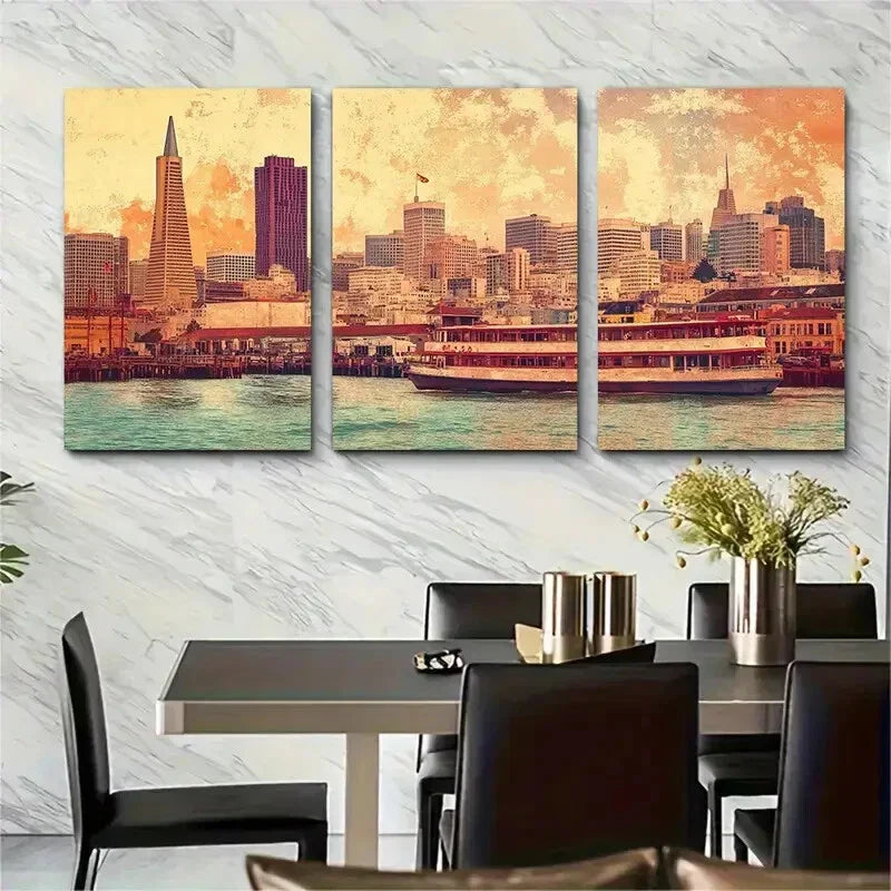 3pcs Vibrant Scenic Waterfront & Skyline View Metal Print Ready to Hang Art