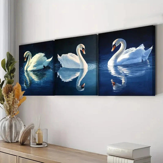 3pcs Swans On Lake Blue Luxurious Home Décor Wall Art Set Canvas Framed 40x60cm - High Quality Print 100% Australian Made Wall Canvas Ready to Hang