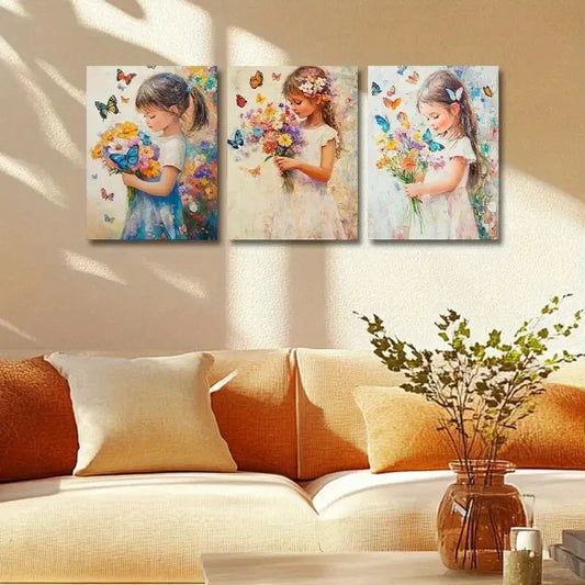 3pcs A Girl holding Flowers Design Metal Print Ready to Hang Art