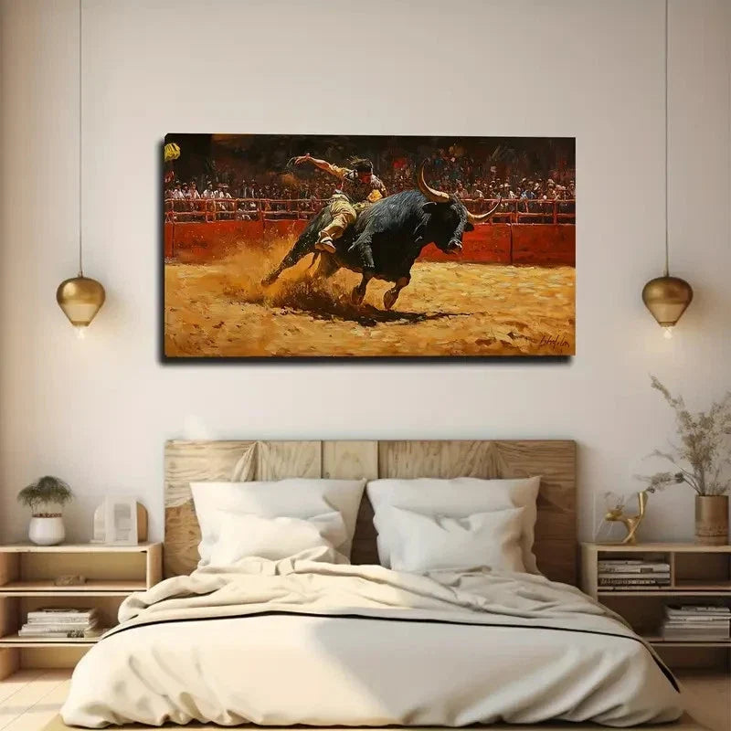 Vibrant Bullfighting Scene Wall Art Canvas Office Home Room Framed 80x45cm