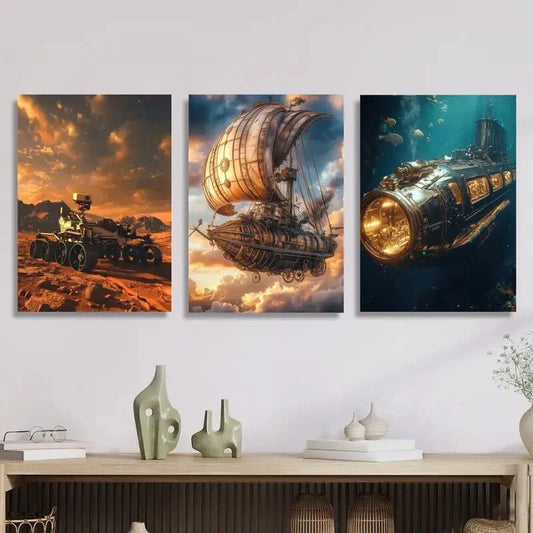 3pcs Steampunk Airship And Submarine Art Metal Print Ready to Hang Art