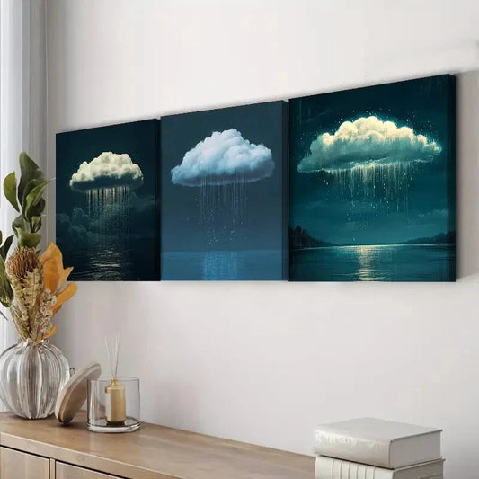 3pcs Featuring a Solitary Cloud with Rain Dark Wall Art Set Canvas Framed 40x60cm - High Quality Print 100% Australian Made Wall Canvas Ready to Hang