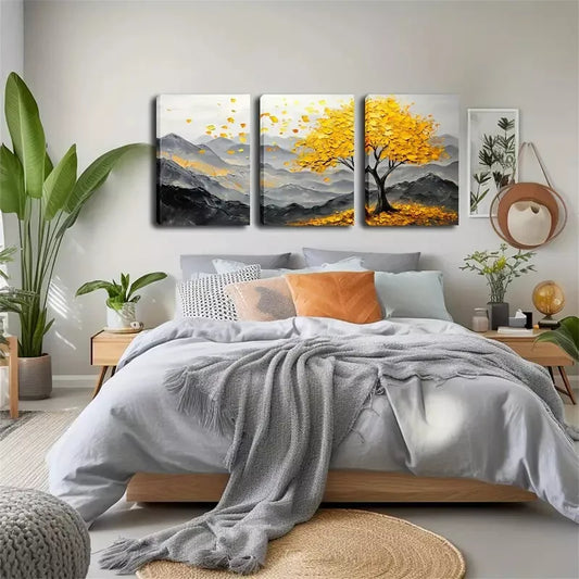 3pcs A Yellow Big Tree on a Mountain Wall Art Set Canvas Framed 40x60cm - High Quality Print 100% Australian Made Wall Canvas Ready to Hang