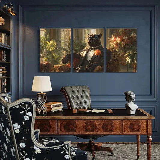 3pcs Elegant Panther In Tuxedo Sunlit Room Metal Print Ready to Hang Art