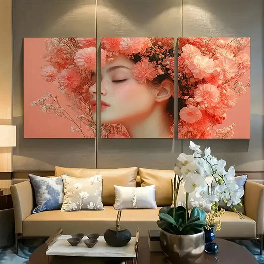 3pcs Woman with Flower Headdress Metal Print Ready to Hang Art