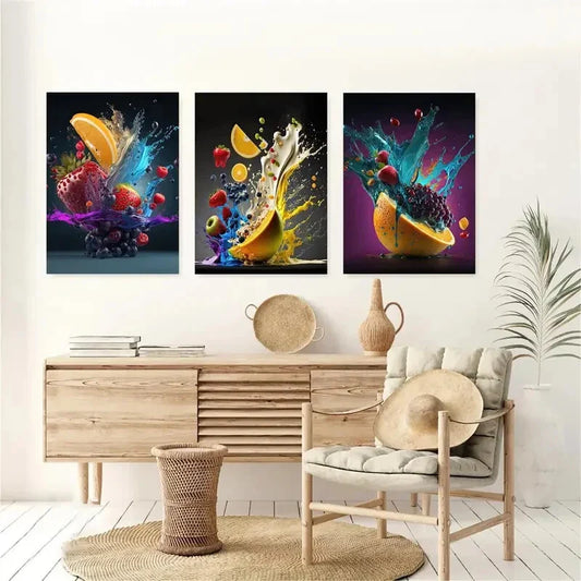 3pcs Colorful Fantastic Fruit Splash Metal Print Ready to Hang Art