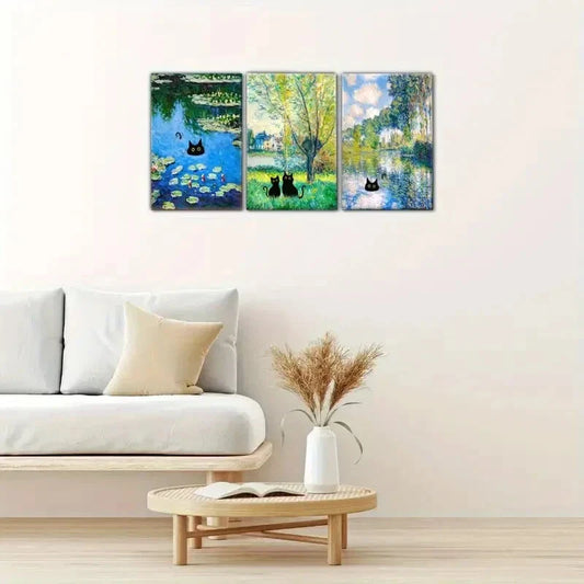 3pcs Cats & Landscapes Famous Oil Paintings Metal Print Ready to Hang Art