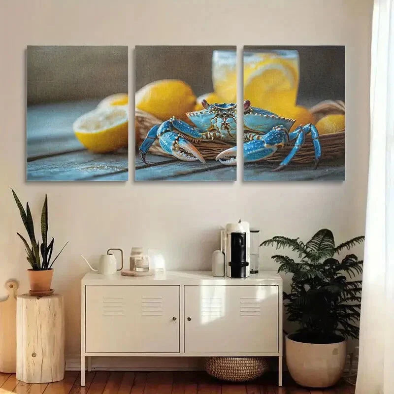 3pcs Vibrant Blue Crab Design Metal Print Ready to Hang Art