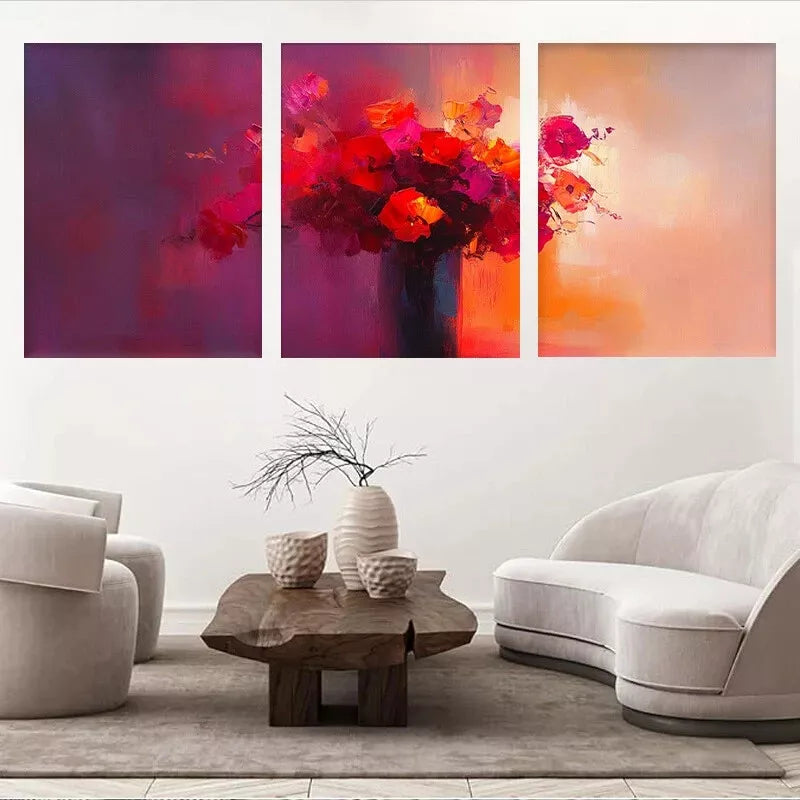 3pcs Abstract Vibrant Red and Orange Blossoms Wall Art Set Canvas Framed 40x60cm - High Quality Print 100% Australian Made Wall Canvas Ready to Hang
