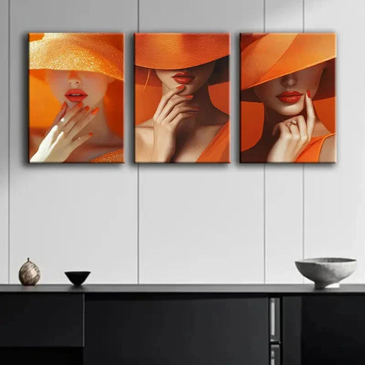 3pcs Elegant Woman In Orange Hat And Dress Metal Print Ready to Hang Art