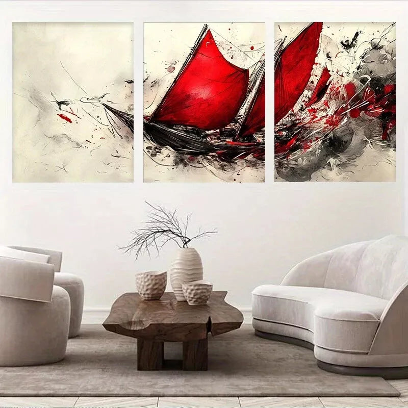 3pcs Abstract Sailing Ship Bold Red Sails Wall Art Set Canvas Framed 40x60cm - High Quality Print 100% Australian Made Wall Canvas Ready to Hang
