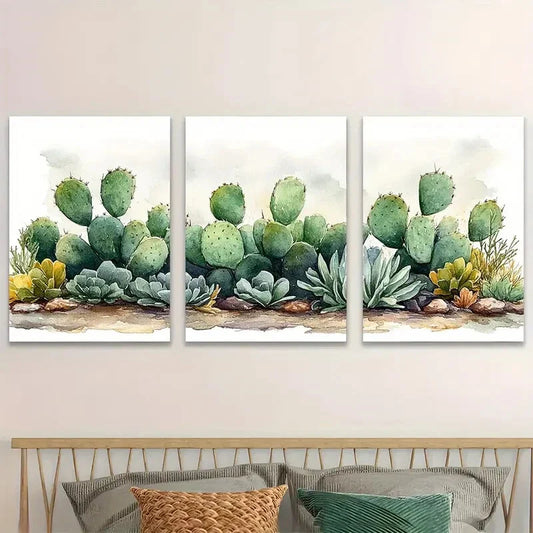 3pcs Minimalist Green Prickly Pear Cactus Design Metal Print Ready to Hang Art